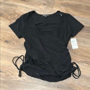 INC International Concepts Black T-Shirt with Ruched Sides and Tie Front